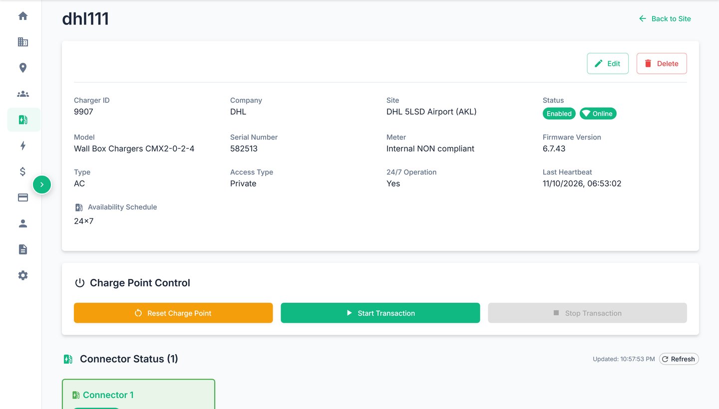 A charger page in WattWisely Cloud: model, site, status, firmware, and the charge point controls
